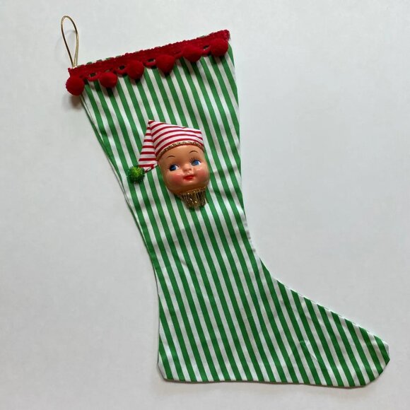 Christmas Stocking with Dolly Face Holiday Decor Xmas Vintage Handmade - Picture 2 of 5